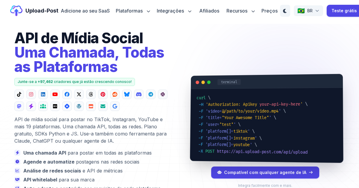 API de Redes Sociais - Publique em Todas as Plataformas | Upload-Post.com
