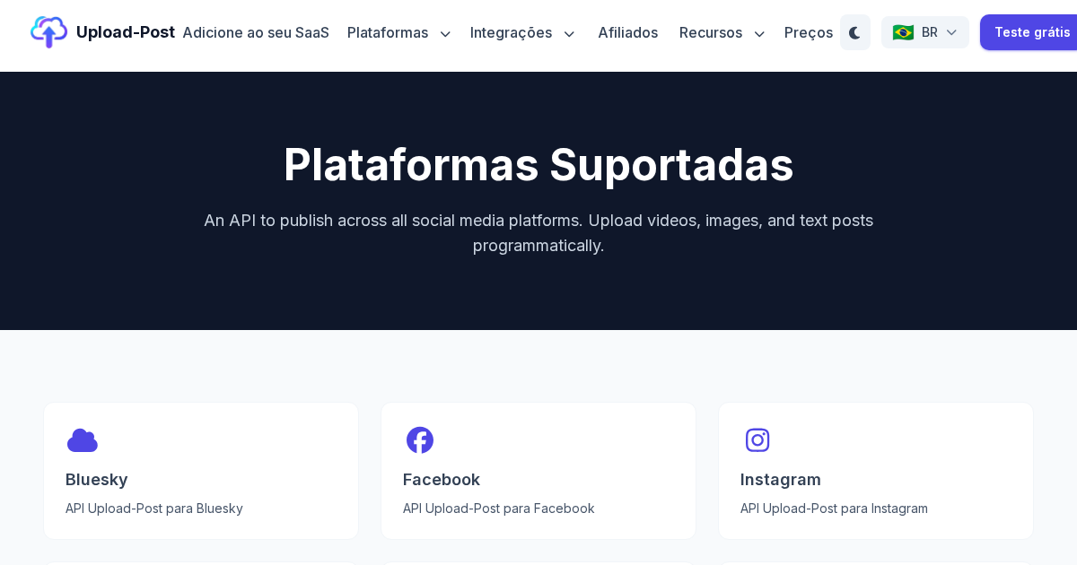 Plataformas Suportadas - Upload-Post API de Redes Sociais
