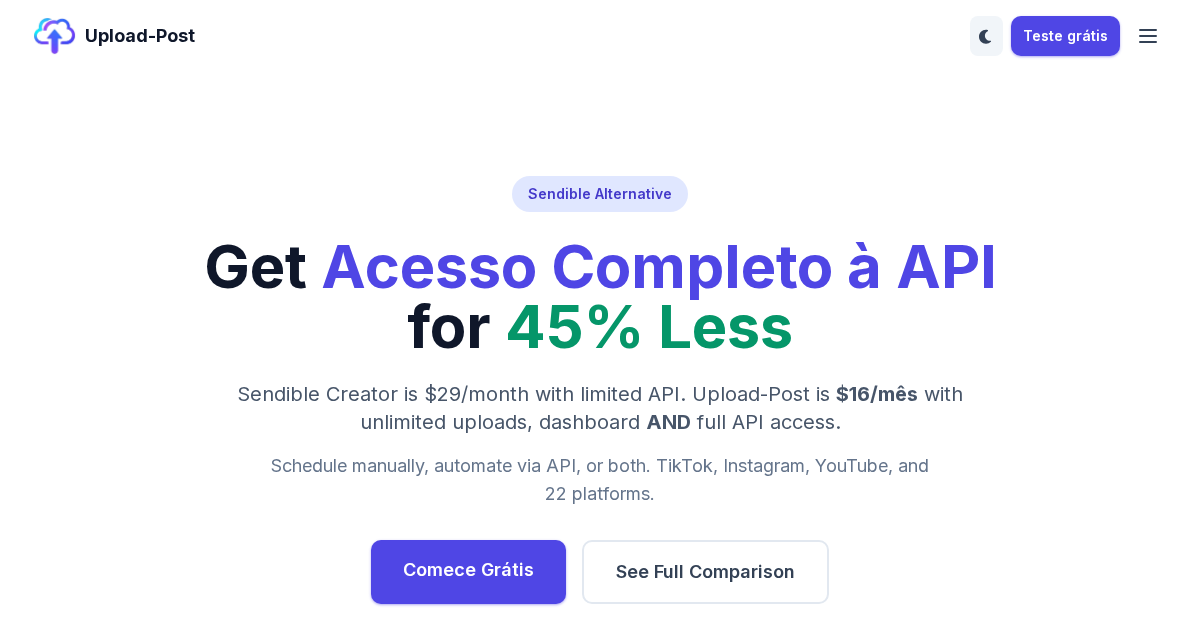 Alternativa ao Sendible - Economize 45% com API Completa | Upload-Post