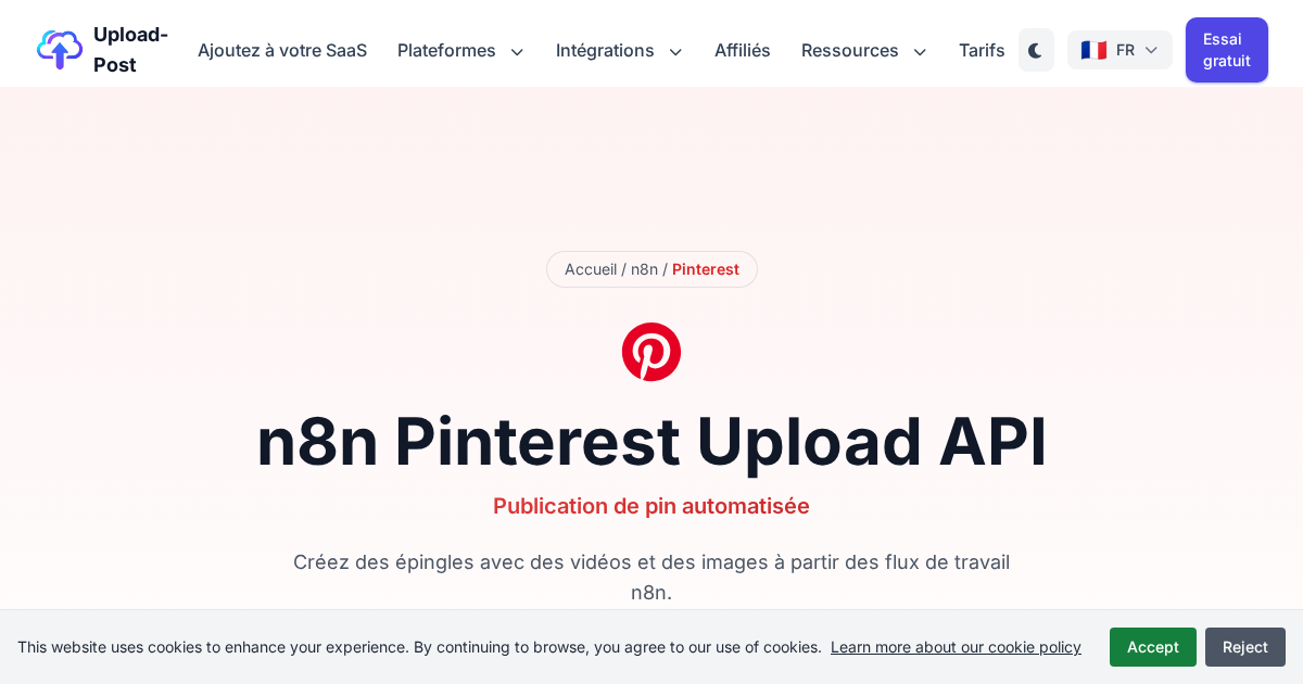 n8n Pinterest Upload: Create Pins with Videos & Images | Upload-Post.com