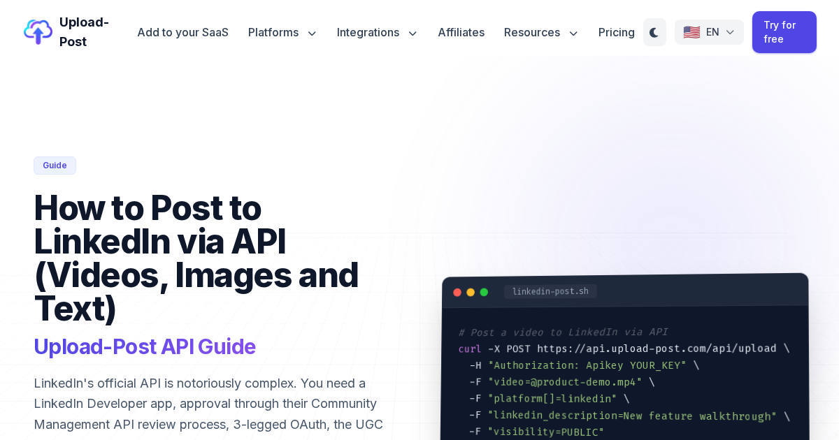 How to Post to LinkedIn via API (Video, Image & Text) | Upload-Post.com