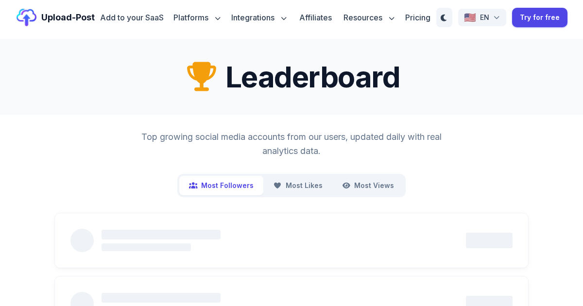 Leaderboard - Top Growing Social Media Accounts | Upload-Post.com