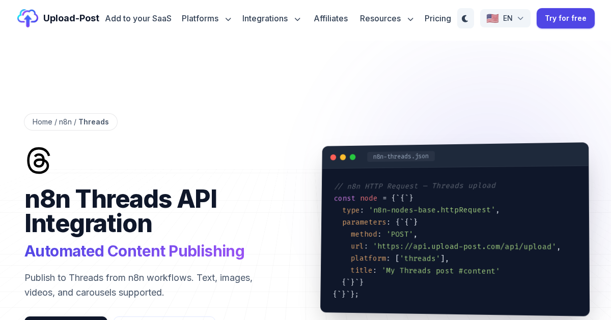 n8n Threads API Integration: Post Videos & Images | Upload-Post.com