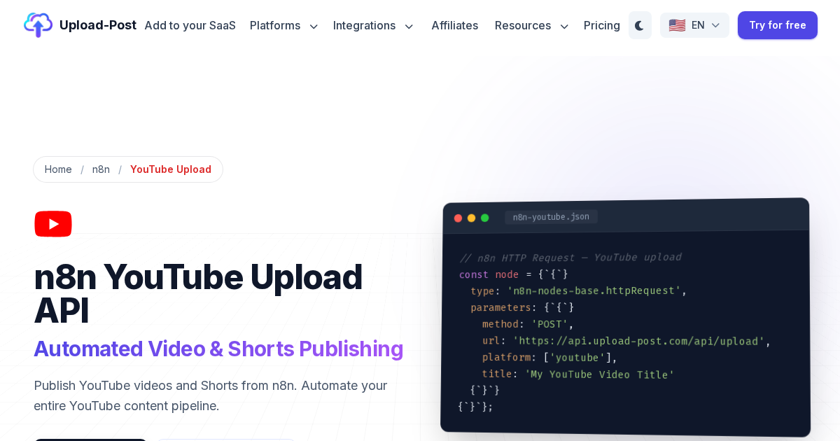 n8n YouTube Upload: Videos & Shorts with HTTP Request | Upload-Post.com