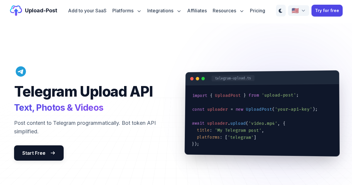 Telegram Upload API - Post Text, Photos and Videos | Upload-Post.com