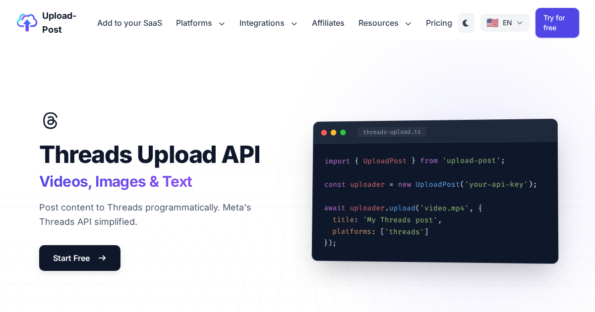Threads Upload API - Post Videos, Images and Text | Upload-Post.com