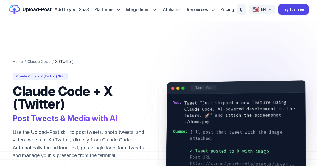 Claude Code Skill for X (Twitter) - Post Tweets with AI | Upload-Post
