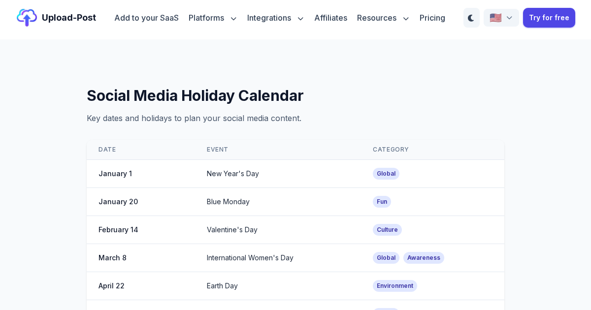 Social Media Holiday Calendar - Upload-Post